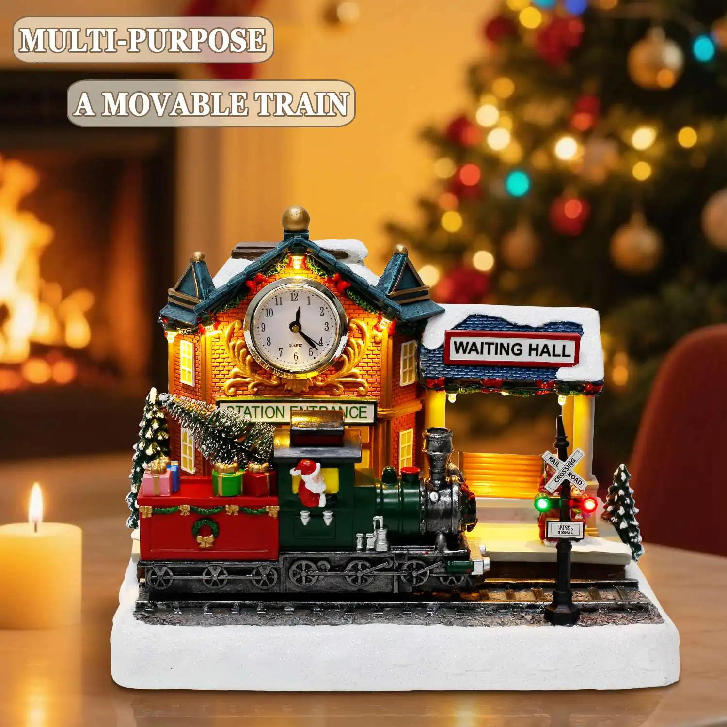 

Animated Christmas Village Scene with Moving Train and Clock LED Lights Music & Train Station Holiday Building Indoor Decoration