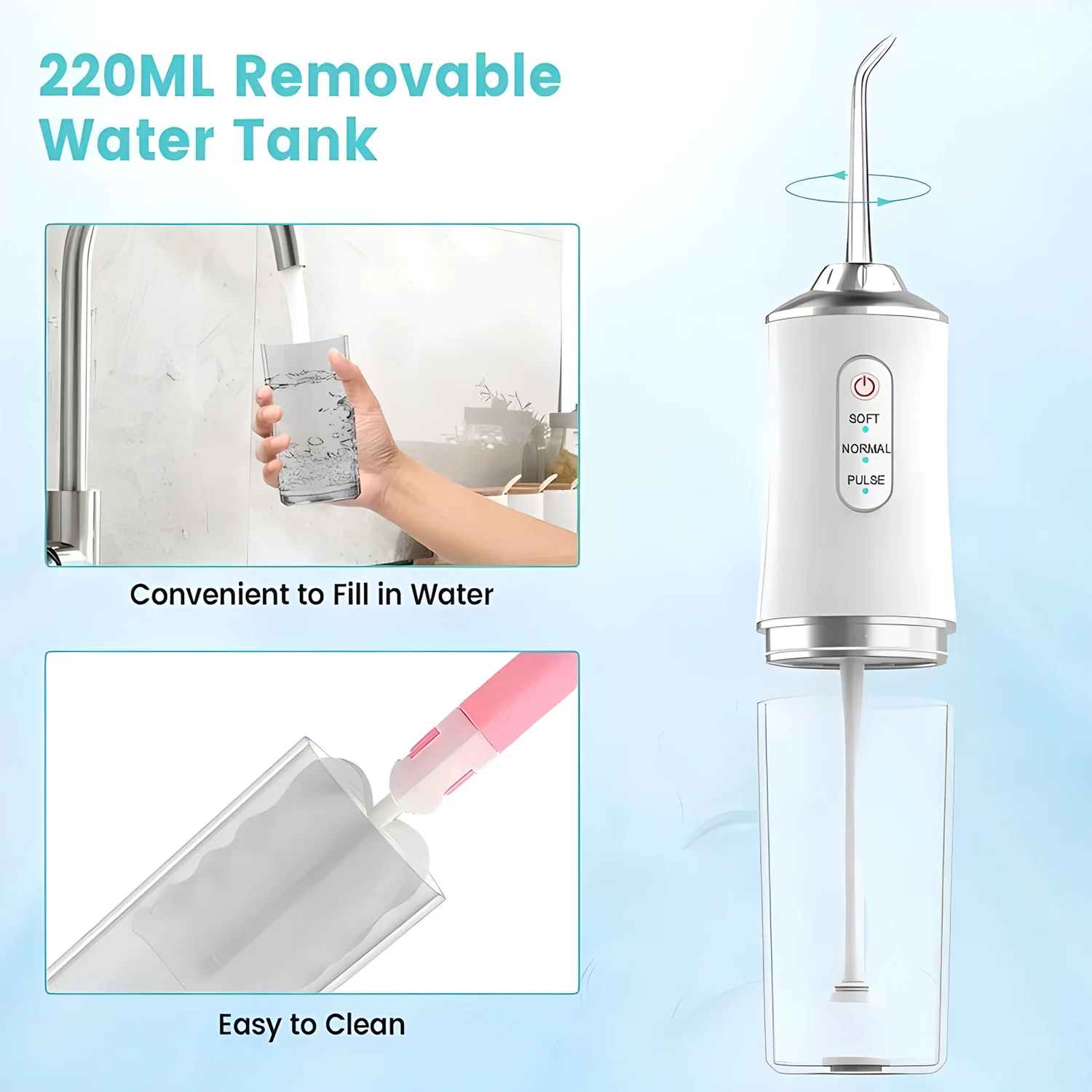 

Portable Oral Irrigator USB Rechargeable Waterproof Teeth Scrubber with 3 Cleaning Modes for Children & Adults