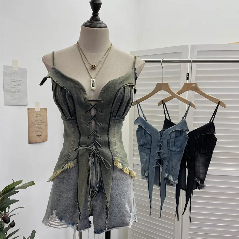 

Женский винтажный джинсовый короткий топ на тонких бретельках на подтяжках, уличный топ без рукавов на шнуровке с кисточками и необработанными краями, топ без рукавов 2690
