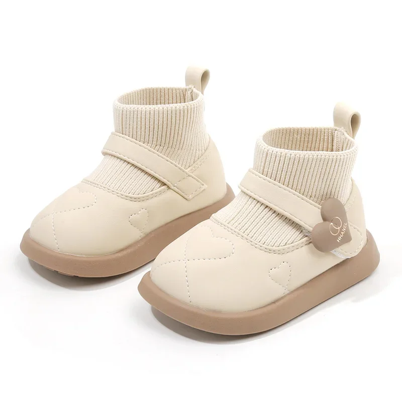 أحذية جلدية مسطحة للفتيات الصغيرات مبطنة بالصوف أحذية جورب دافئة للأطفال في الخريف والشتاء للمشايات الأولى #2