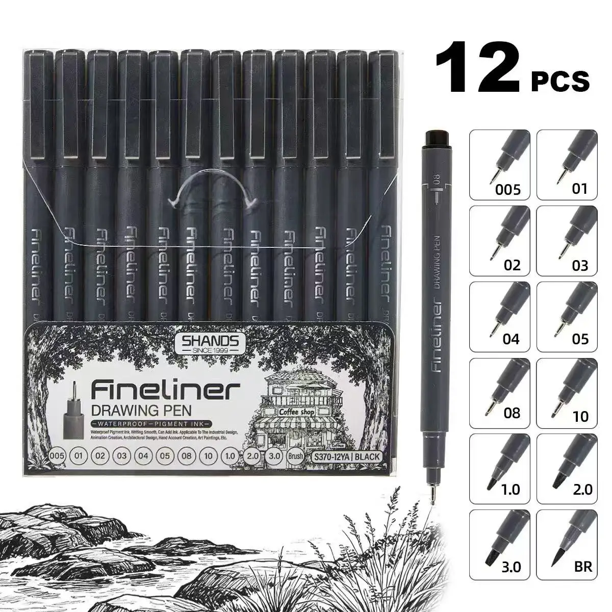 12 pcs/box Hook Line Pen Art Special Hand-painted Drawing Sketch Pen Student Waterproof Sketch Painting Gel Pen Set