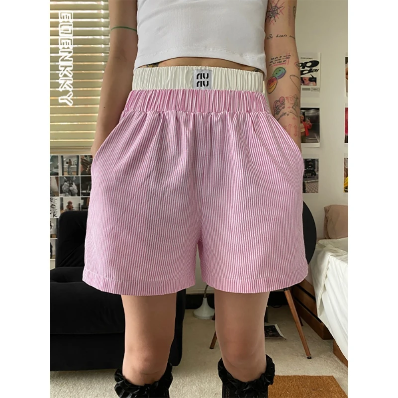 

Fake Two Pieces Stripe Shorts Women Summer Thin Casual Straight Loose Pant Korean Harajuku Wide Leg Quick Drying Trousers Female