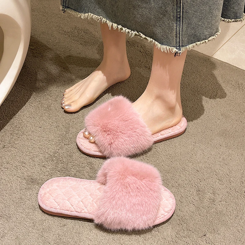 Casual Fluffy Slippers Women House Flat Warm Plush Designer Shoes Ladies Fashion Trend Winter Platform Footwear Elegant Open Toe