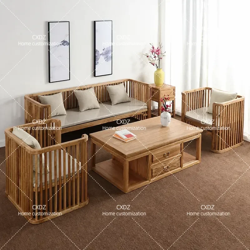 New Chinese Style Old Elm Sofa Set Living Room Solid Wood Three Seat Paint Free Antique Simple Sofa Combination
