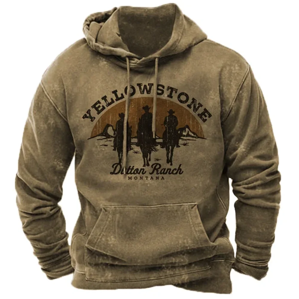 Vintage New Men's Hoodies Sweatshirt Men's Hoodie Cowboy 3D Printed Pullover Oversized Men's Tops Male Yellowstone Loose Clothes