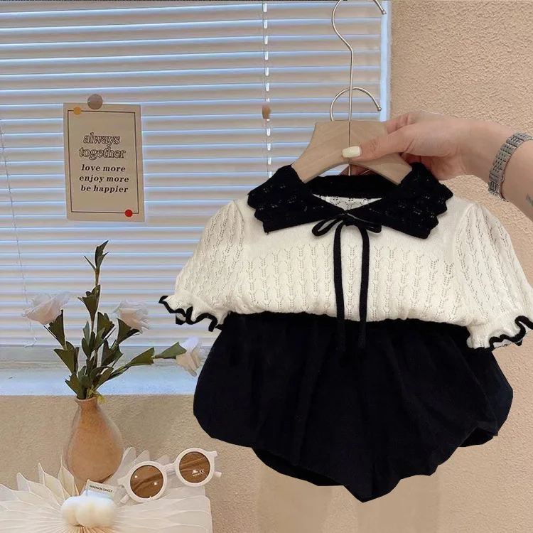 Girls' summer suit 2025 new foreign style baby girl summer dress fashionable knitted short-sleeved bud shorts two-piece set