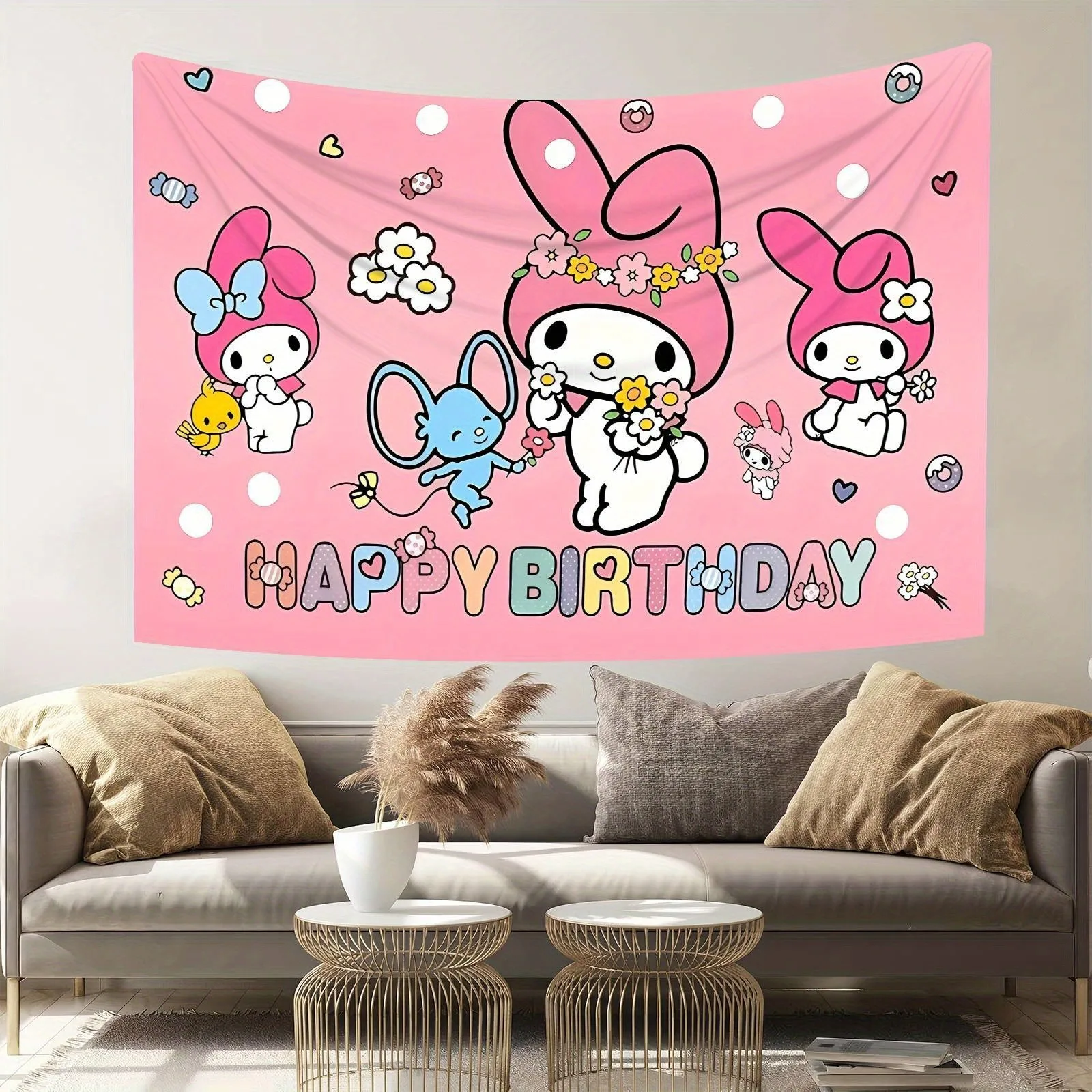 

Sanrio Melody с днем рождения, гобелен с принтом, ткань, ярко-розовый мультяшный тематический милый декор для комнаты