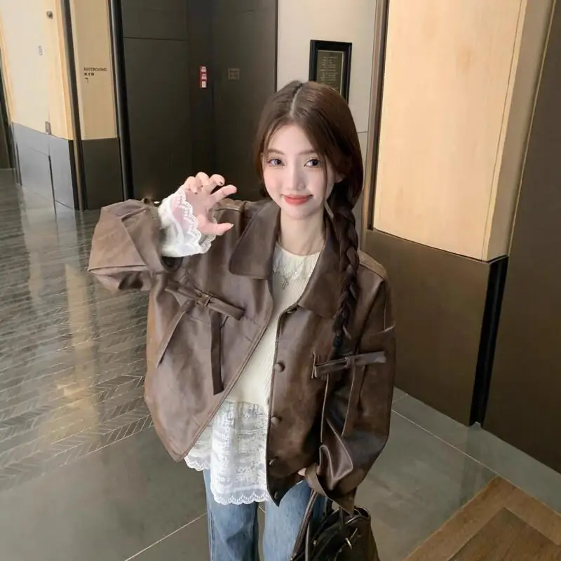 

American style retro leather jacket coat Women's autumn spring hottie leisure loose jacket tops casual style elegance solid top