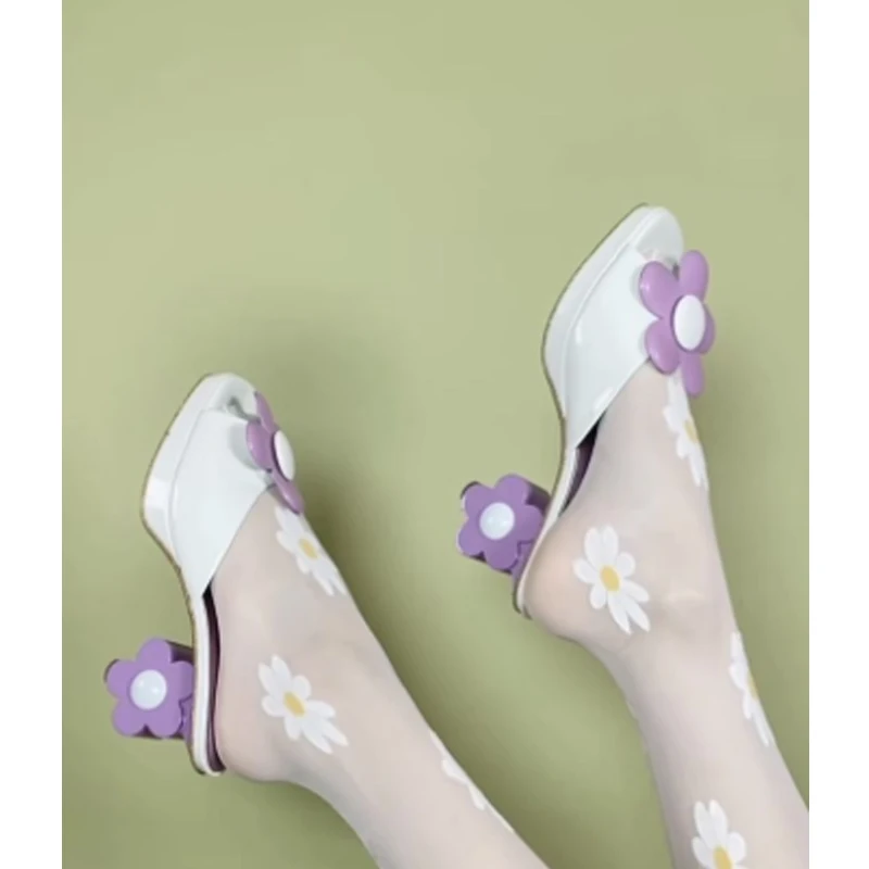 White Peep Toe 3D Purple Flower Shaped Heel Mules Slippers Color Blocking Slip On Block Heel Sandals Summer Party Slide Shoes