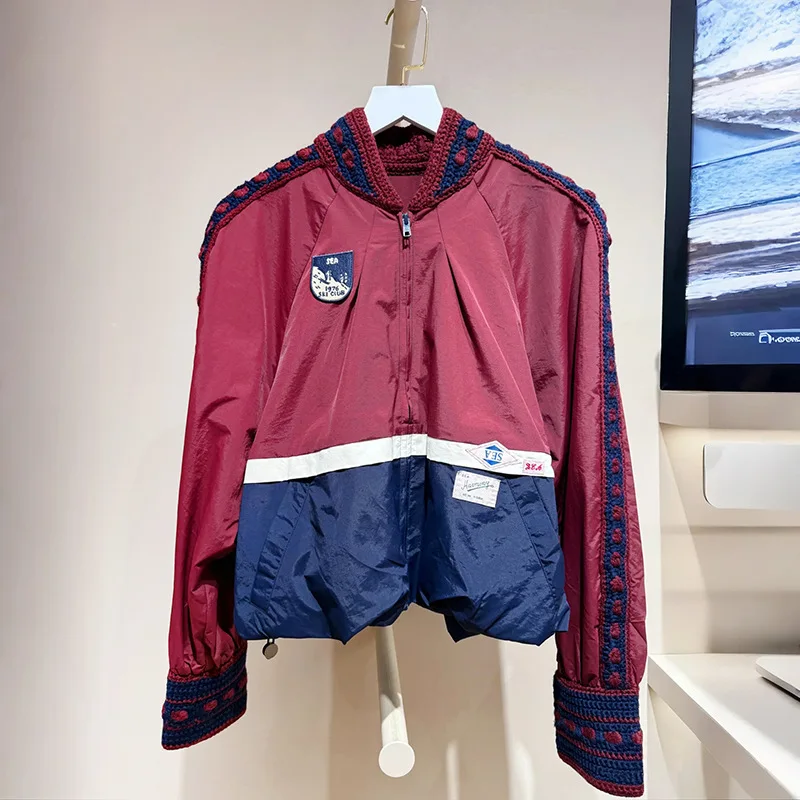 2025 Autumn Winter Windproof Drawstring Retro Color Block Drop Shoulder Stand Collar Jacket