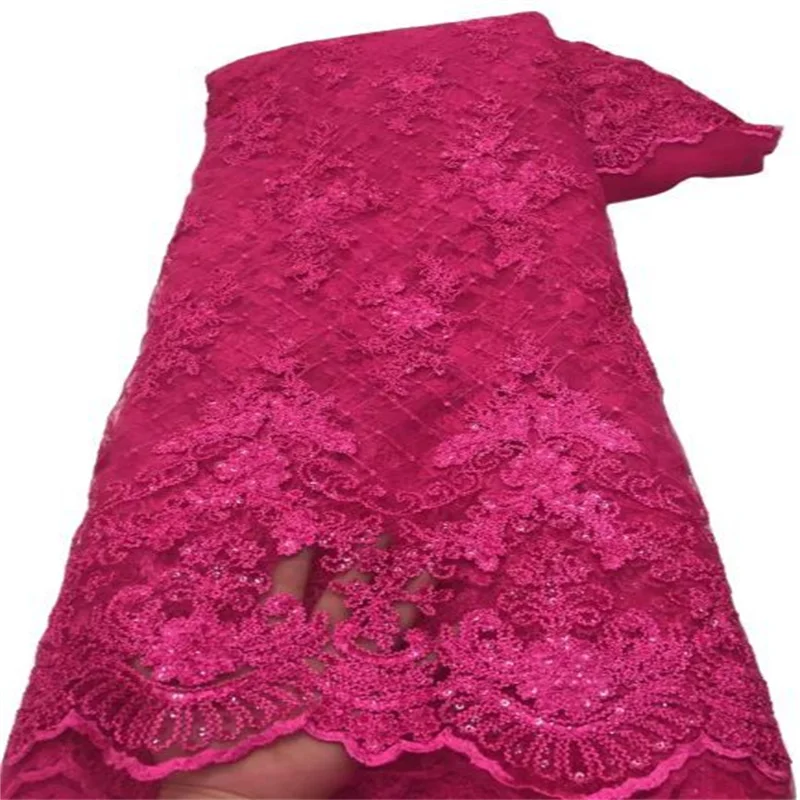 Fuchsia Luxury Sequence Lace Fabric African Nigerian Net Lace with Sequins French Tulle Mesh Lace for Women Sequin Fabric Lace