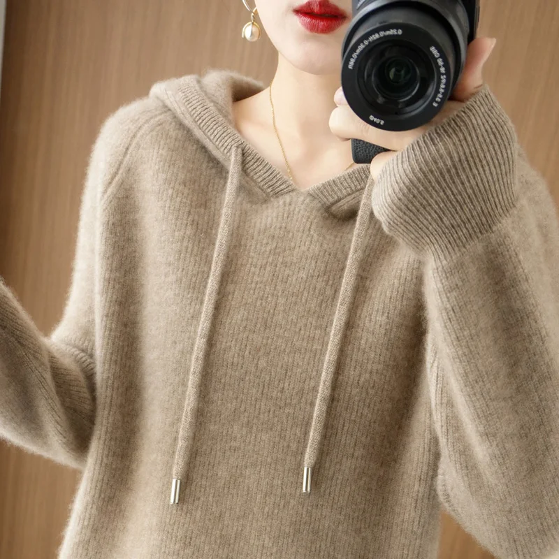 Sudaderas con capucha de Cachemira para Mujer, suéter de punto de lana gruesa, Jersey suelto, abrigo para Mujer, otoño e invierno, novedad de 2023
