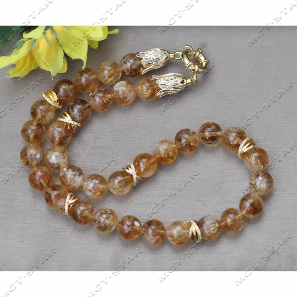 Z13957 A+ Natural 18" 12mm Round Yellow Crystal Topaz Golden CZ Ring Necklace Custom Jewelry
