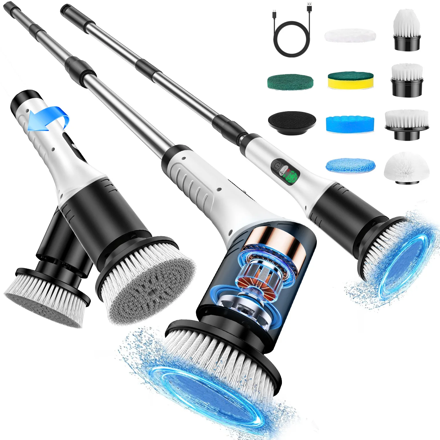

9-in-1 Cordless Electric Spin Scrubber with LED Display Adjustable Extension Handle Waterproof for Bathroom Shower Tile Kitchen