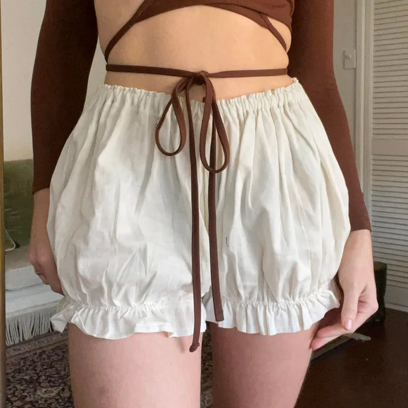 WPNAKS Women Casual Bloomer Shorts Summer Clothes Lolita Sweet Solid Color Elastic Band Ruched Beach Streetwear Shorts