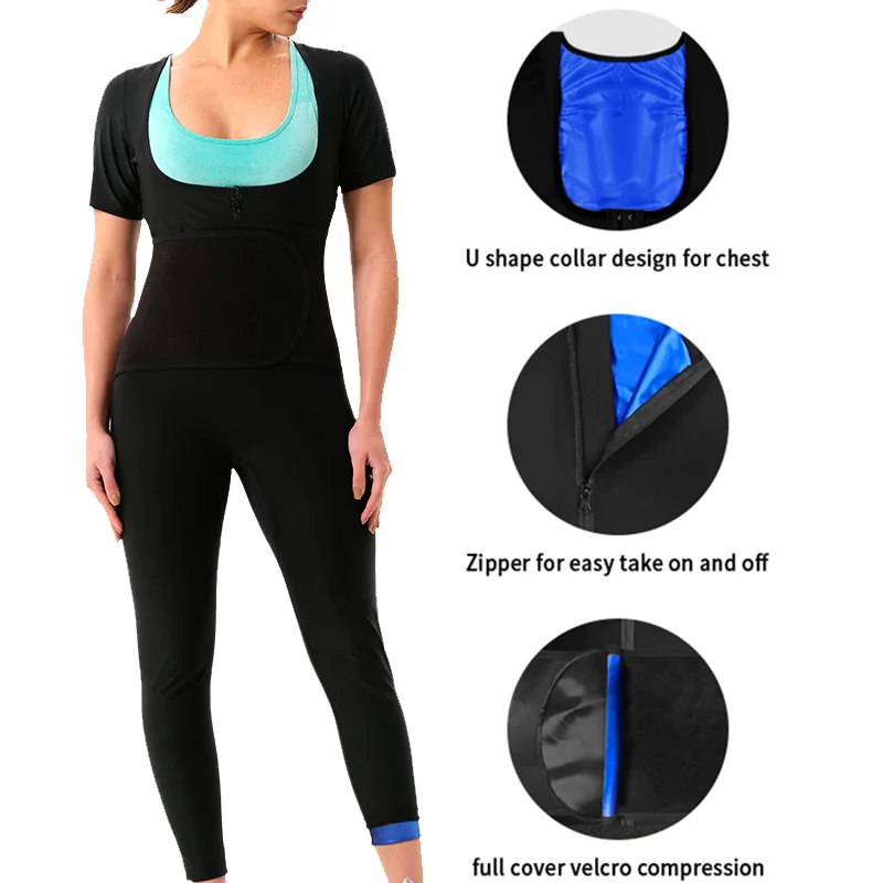 المرأة 4 في 1 ساونا بذلات رياضية سراويل قصيرة الأكمام للكبار الدهون تجريب فقدان الوزن كامل الجسم التخسيس المشكل مدرب خصر