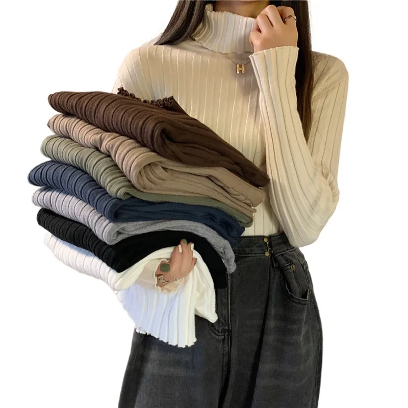 Camisa básica de punto con cuello alto para mujer Cuello de pila Suave y acogedor Otoño Invierno Nuevo estilo Ropa interior Color sólido negro Slim Fit Long S...