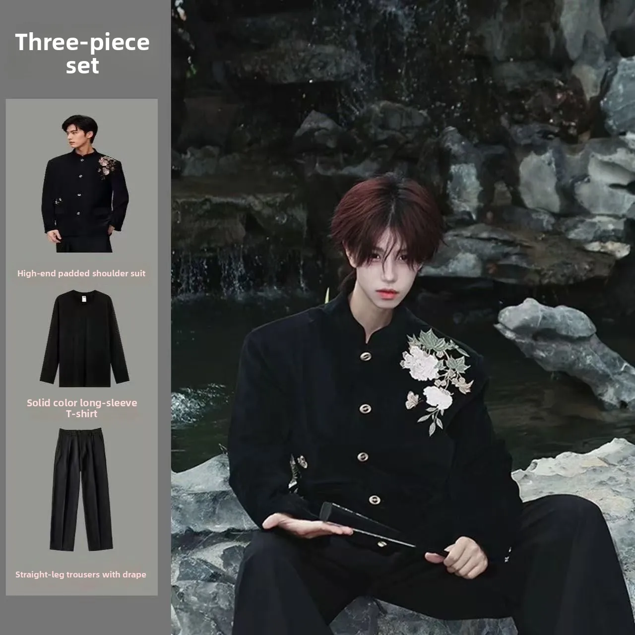 

Elegant Black Mens Tailored Suit Pants Set Embroidered Shoulder Stand Collar Loose Fit Comfortable Feel Youthful Style Polyes...