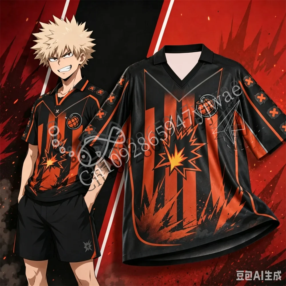 My Hero Academia Katsuki Bakugo Orange Black Football Shirt Breathable Quick Drying V-neck Short Sleeve Summer Men's T-shirt