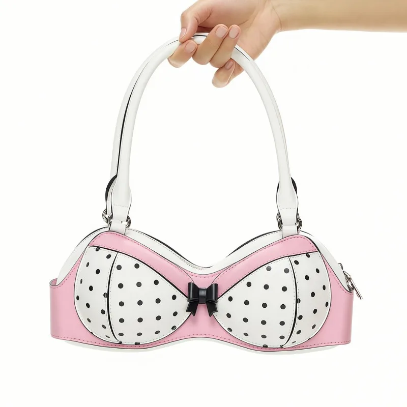 Bra Shaped Pink White Color Contrast Polka Dot Top Handle Handbag for Women Y2k Cute Pink Bikini Handbag with Bow Shoulder Bag