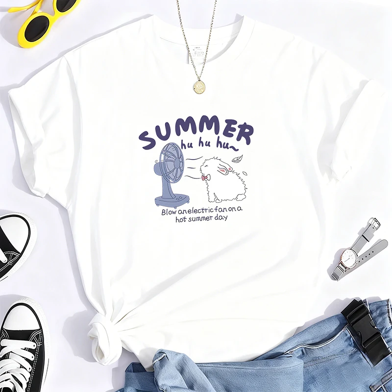 T-shirt girocollo tinta unita con stampa simpatico cartone animato in puro cotone 100%, top casual a maniche corte per tutte le stagioni, abbigliamento da donna