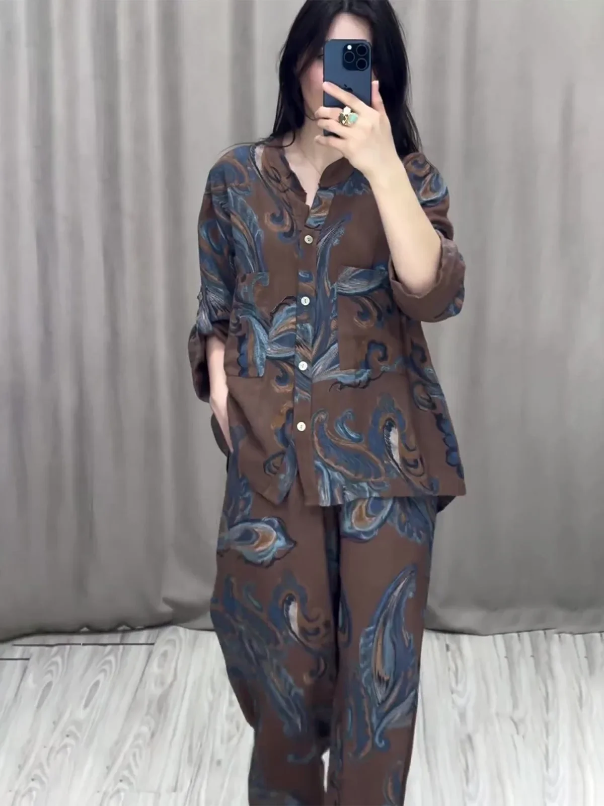 Two Piece Sets Print Shirt Wide Leg Pants Women Muslim Casual Suits Arab Musulman Ensembles Moroccan Kaftan Ramadan Outfits 2025