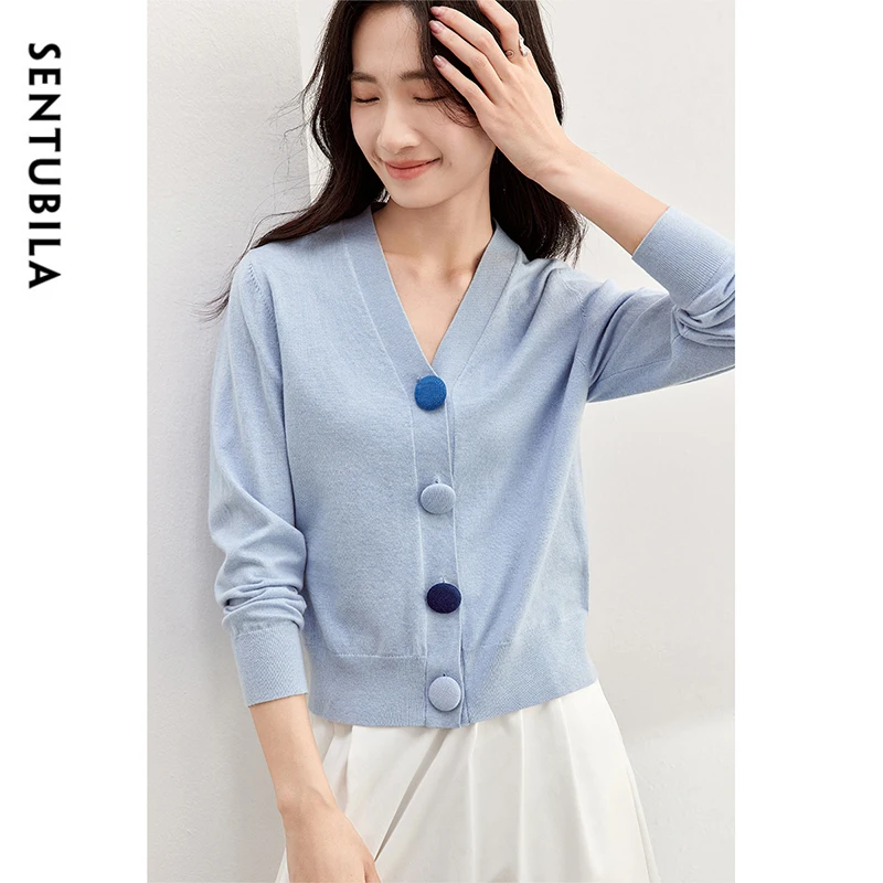 

SENTUBILA Wool Blend Cardigan for Women's 2025 Autumn Straight V Neck Spliced Single Breasted Commute Short Knitwear W51E58632