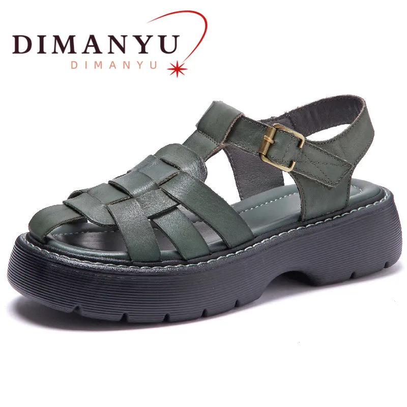 

DIMANYU Sandals Women Summer 2024 New Genuine Leather Roman Sandals Ladies Retro Hollow Woven Closed Natural Skin Women Sandals