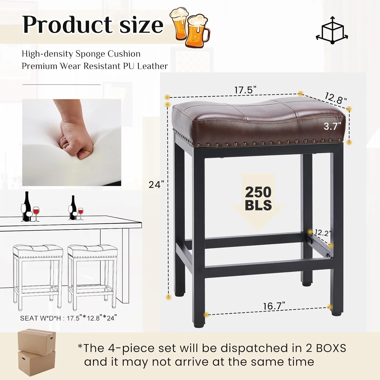 Bar Stools Set of 2, 24 Inch Counter Height Stools, PU Leather Upholstered Bar Chairs with Footrest, Modern Bar Stools