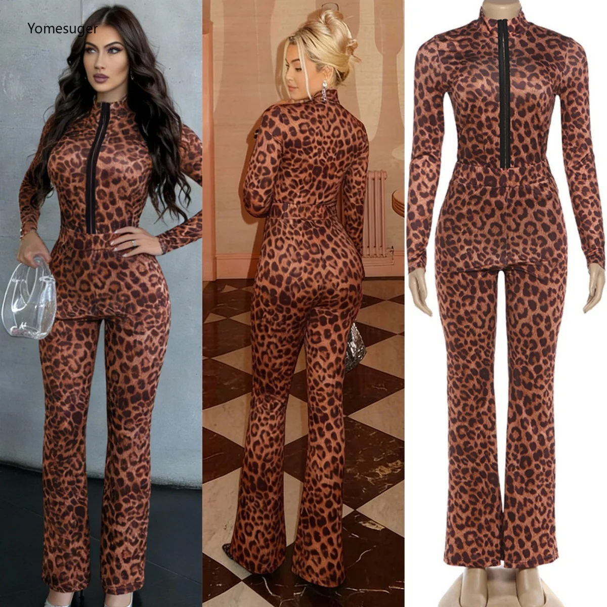 

Yomesugar повседневный спортивный комплект из 2 предметов, женский однобортный топ с леопардовым принтом и длинными рукавами + расклешенные брюки, костюм, уличная одежда, спортивные костюмы