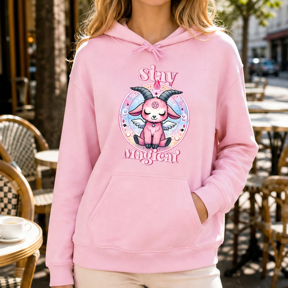 Autumn Winter Long Sleeve Hoodie Stay Magical Cute Baphomet Sweatshirt Unisex Pullover Spooky Season Gift Given Her on Halloween