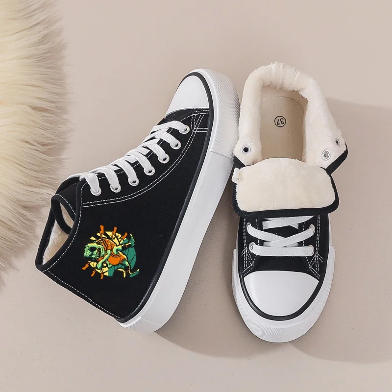 

Women's Black Fleece-Lined Canvas Shoes: Cartoon Print Warm Casual Sneakers. Low-Top Lace-Up for Daily, Campus & Winter Wear.
