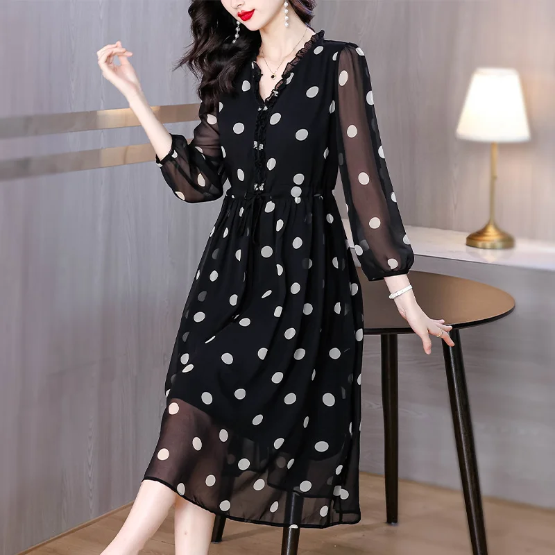 

Spring Women Beach Chiffon Dot Luxury Vestidos Summer Korean Vacation Elegant Midi Dress 2024 Black Vintage Casual Party Dress