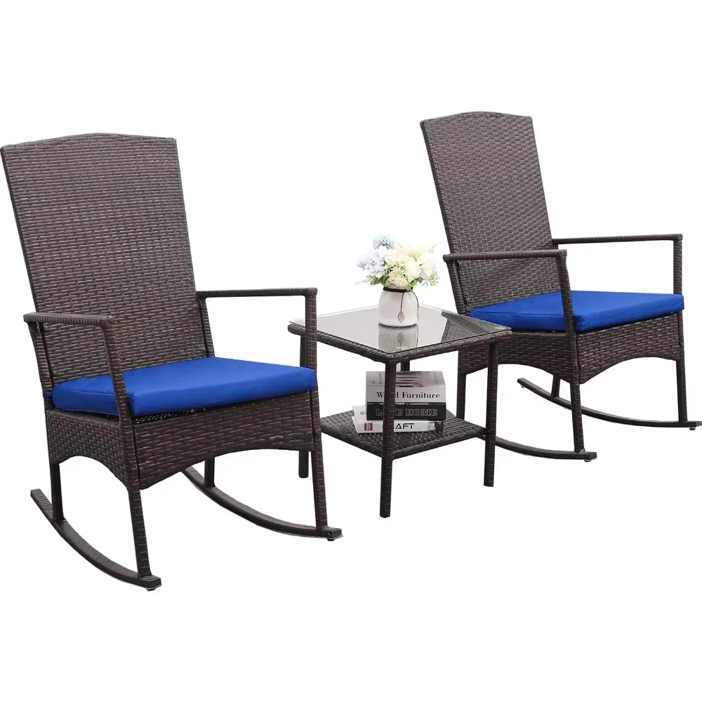 

Outdoor PE Wicker Rocking Chair, 3 Piece Patio Rattan Set, 2 Rocking Armchairs and Glass Coffee Side Table Furniture