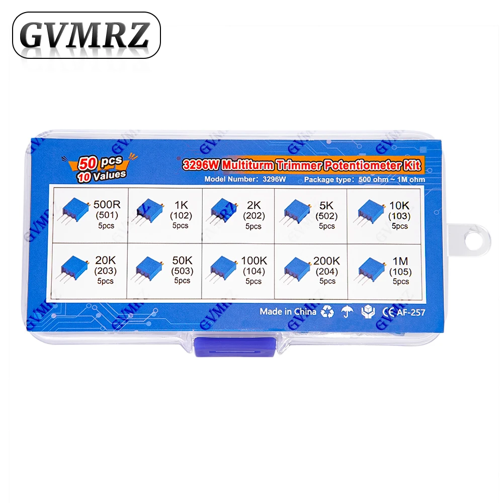 50PCS 3296W 10Values Multiturn Trimmer Potentiometer Kit (500Ω-1MΩ) in Box for Precision Circuit Tuning & Electronics DIY