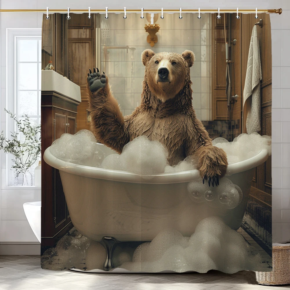 

Cute Brown Bear in Bath Shower Curtain, Bathroom Decorative Shower Curtain, Waterproof Shower Curtain with Hooks