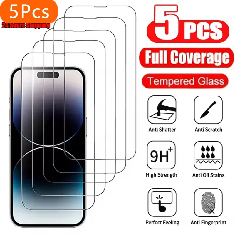 5Pcs Tempered Glass for IPhone 16 15 14 13 12 11 Pro Max Screen Protector for IPhone 16ProMax 12Mini 78 14 Plus SE X XS XR Glass