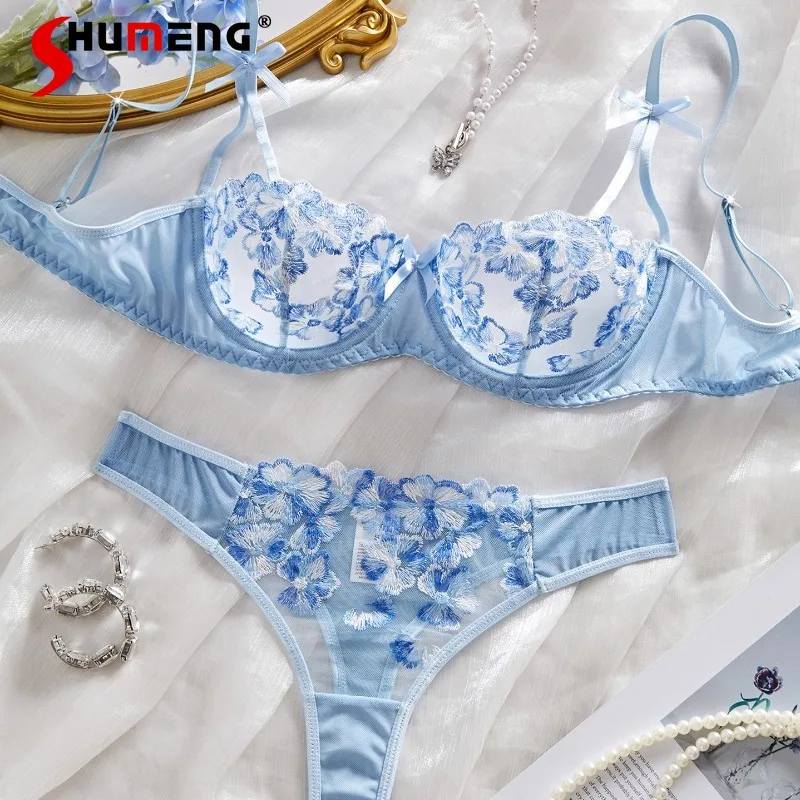 Blue Flower Sexy Lingerie Suits for Women Pure Desire Embroidered Bra Set with Underwire Female Push Up Ultra Thin Underwear