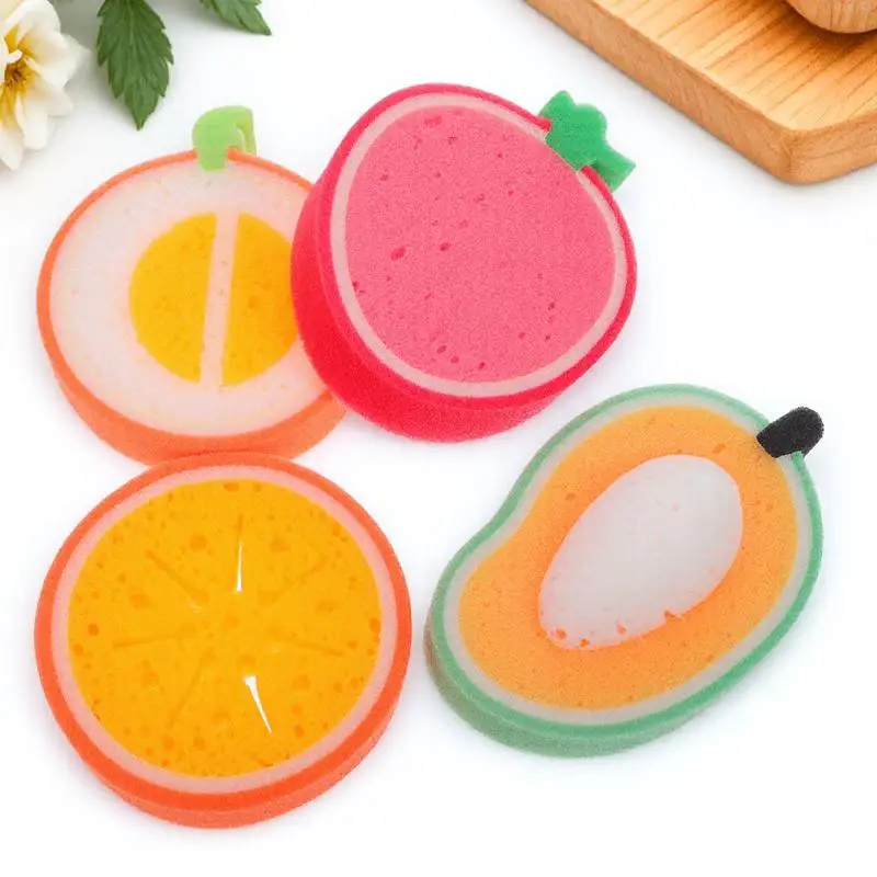4pcs Fruit Shaped Bath Sponge For Kids Soft Durable Body Scrubber Exfoliating Shower Sponge Sensitive Skin Mango Orange