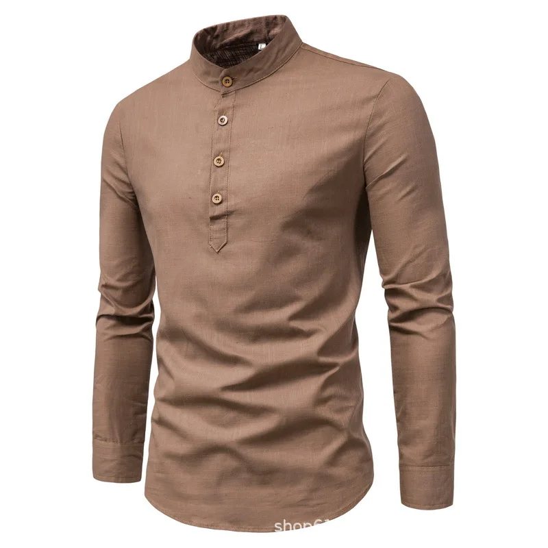 2024 New Men\'s Foreign Trade Leisure Long sleeved Four Seasons Solid Color Standing Neck Shirt