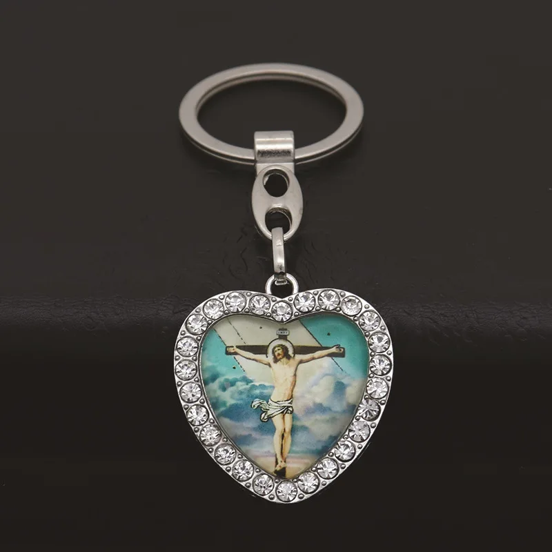 Crystal Heart Cross Jesus Keychain For Women Men Rhinestones Crucifix Key Chain On Bag Car Trinket Catholic Jewelry Pray Gift