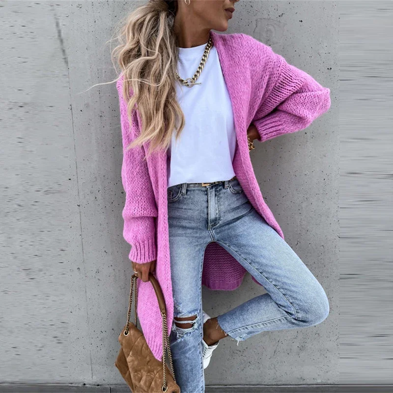 

Women Casual Long Sleeve Knitted Cardigan Autumn Elegant Loose Solid Color Sweater Coats Winter Fashion Straight Midi Outerwear