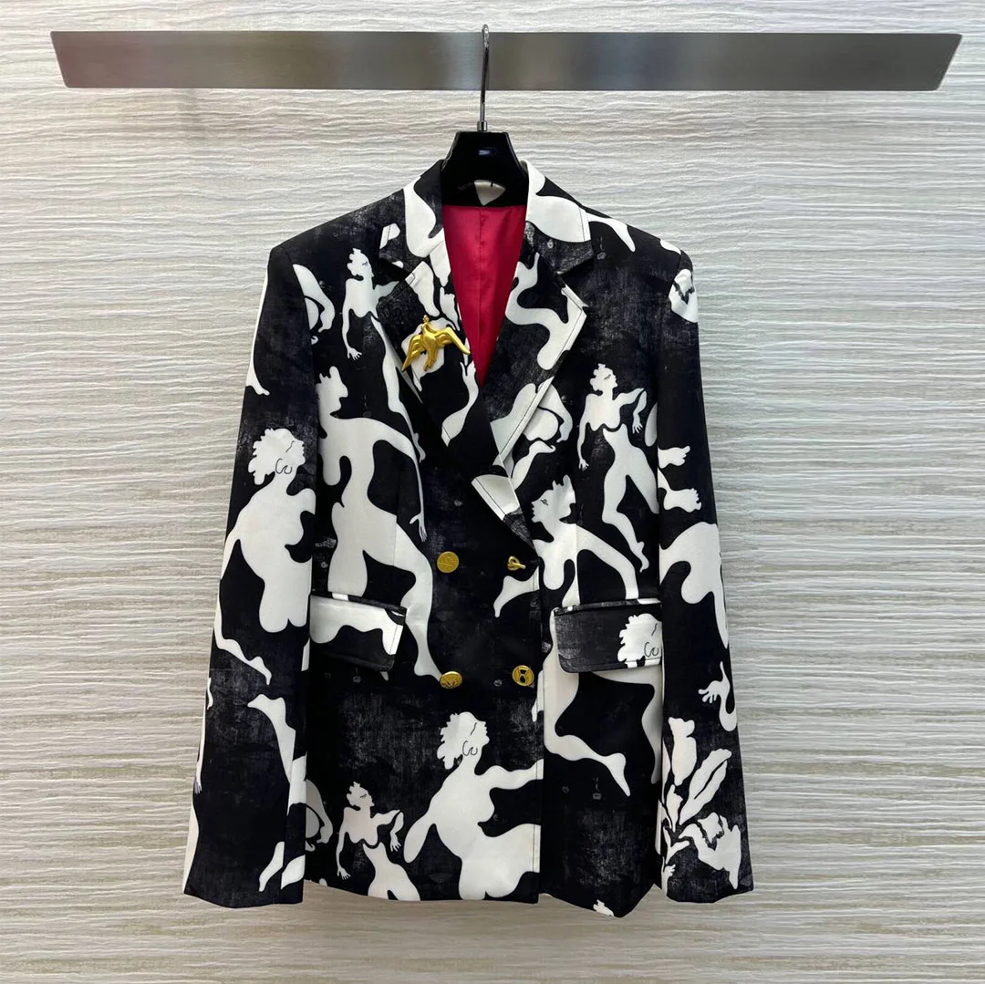 

2024 New Fashion Runway Design Graffiti Printing Chic Blazer Women Jacket Notched Gold Bird Buttons Novelty Streetwear Suit