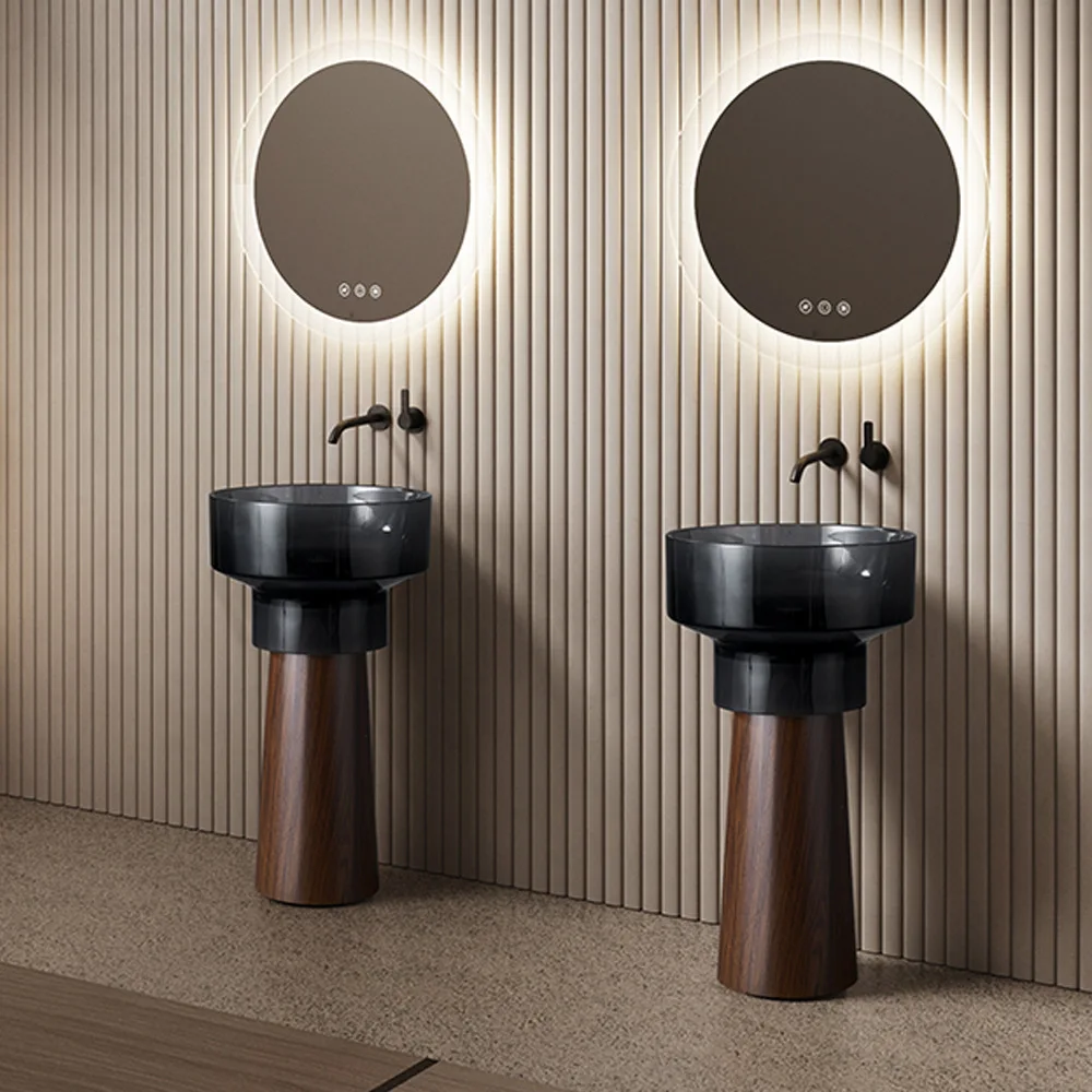 Modern simple transparent column basin villa bathroom washbasin hotel stainless steel wood grain column washbasin