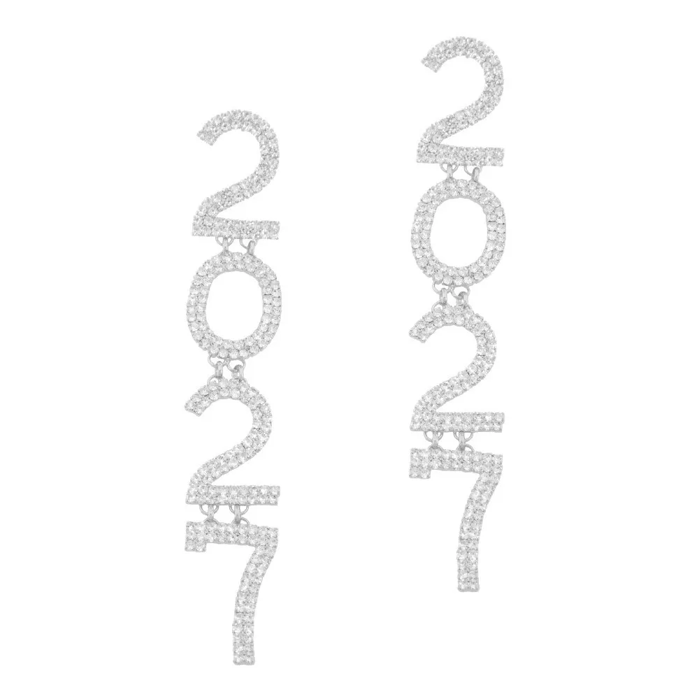 Elegant 2027 Digital Earrings Rhinestone Long Drop Happy New Year Earrings Shiny Love Heart Stud Earrings New Year Party