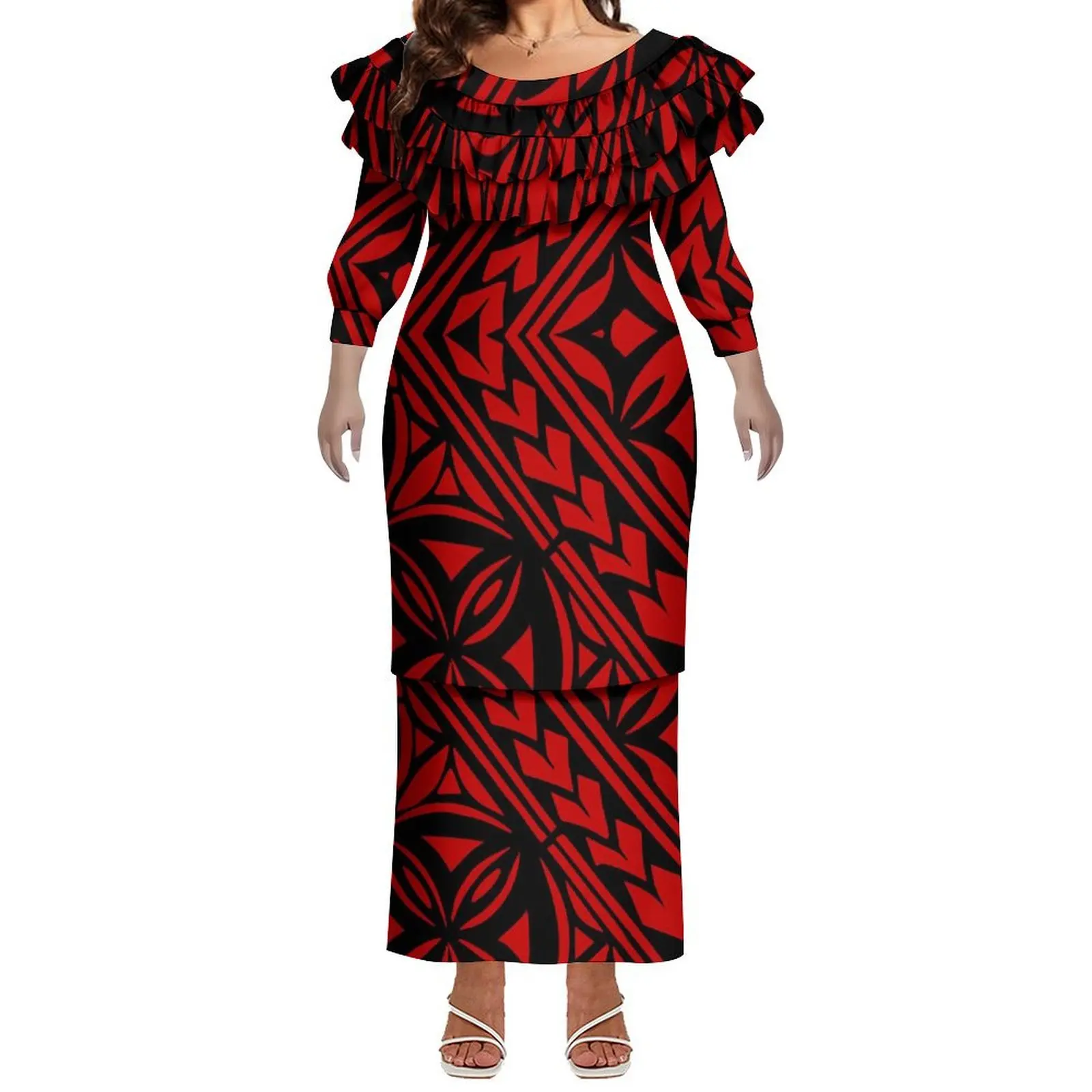 Novo atacado personalizado tripulação pescoço vestido de manga longa tonga samoan puletasi vestido senhoras dupla camada folho vestido casual duas peças