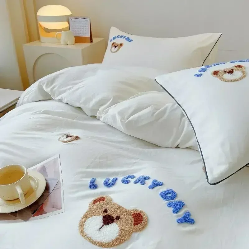 Cute Bear Embroidery Bedding Set Lovely Cartoon Sheep Single Double Duvet Cover Set Soft Skin Friendly Quilt Cover Pillowcase