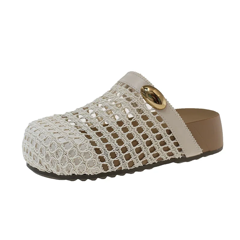 Hollow Out Wedge Mid Chunky Heel Mules Sandals Slides Casual Summer Daily Slippers Shoes for Women Closed Toe Crochet Mesh