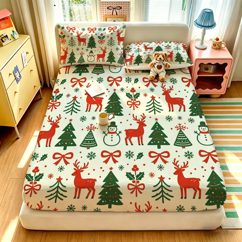 3PCS Christmas Reindeer Snowman Xmas Tree Print Duvet Cover Set No Insert Soft Washable 1 Duvet Cover 2 Pillowcases Fashion B