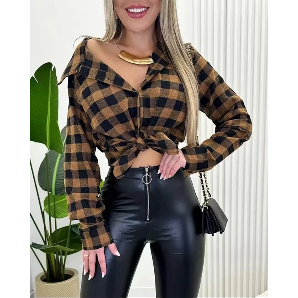 Camicetta da donna con stampa scozzese abbottonata Casual a maniche lunghe camicetta Casual con colletto rovesciato Sexy elegante abbigliamento estivo